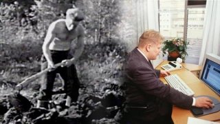 Mies peltotöissä ja toimistossa