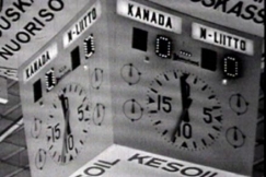 Kuva: MM-kisojen tulostaulu. (1965) YLE kuvanauha.