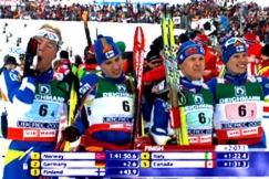 Kuva: Suomen miesten viestijoukkue MM-hiihdoissa. (2009) YLE kuvanauha.