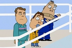 Kuva: Kemppainen, P�ysti ja Repomies seisovat stadionintornin huipulla. YLE kuvanauha. 