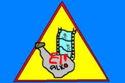 Kuva: Varoituskolmion sis�ll� pullo ja filmi�. piirros: Seija Aunila