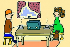 Kuva: Ukko ja akka kahvip�yd�n ��rell�. Piirros: Seija Aunila