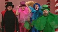 Kuva: Kari Franck, Kristiina Halkola, Leena Uotila ja Jukka Sipil� esitt�v�t puolueiden Kukkalaulua (1983). Yle kuvanauha.