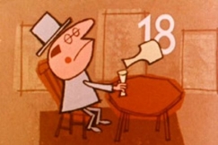 Kuva: Piirroshahmo nauttii alkoholia ravintolassa. (1961) YLE kuvanauha. Kuva: Piirroshahmo nauttii alkoholia ravintolassa. (1961) YLE kuvanauha.