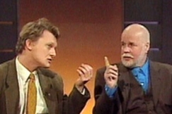 Kuva: Toiminnanjohtaja Frank Johansson ja kirjailija Kalevi Haikara. (1998) YLE kuvanauha.