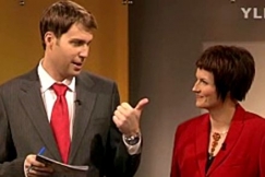 Kuva: Ajankohtaisen kakkosen juontajat Jan Andersson ja Salla Paajanen (2008). YLE kuvanauha.