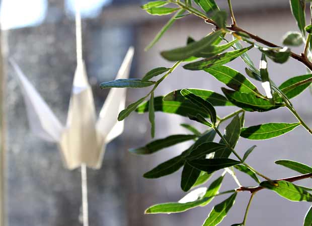 Origamilinnuista verhot ikkunaan. Kuva: Yle Olotila, Ulla Vuorela