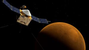 Kuvassa on Mars-planeetan yllä leijaileva Maven-avaruusalus.